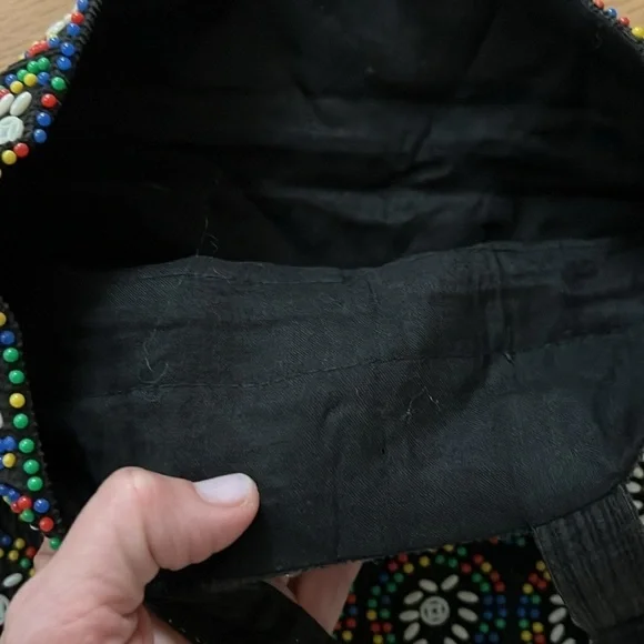 Vintage Beaded Tote Bag Purse Retro 60s 70s Rainbow Plastic Beads Black Funky - Picture 4 of 7
